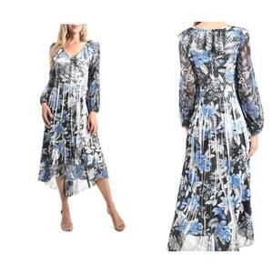 NEW, Komarov Blue Floral Prints V-Neck Lace Fit & Flare Hi-Lo Dress XL #MD1517
